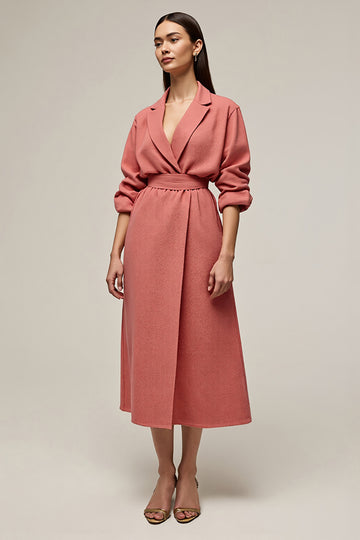 Coral A Line Notched Lapel Midi Work Dress